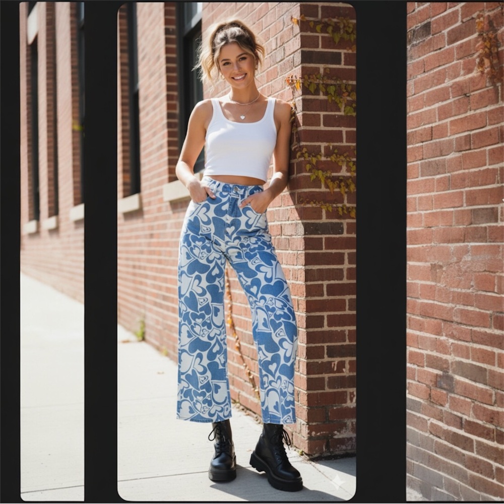 NWT Blue Heart Print Wide Leg Jeans Y2K Retro Denim Size 2